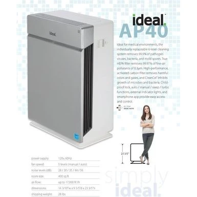 Ideal. AP40 Healthcare, 5-speeds, Air Purifier, Covers 400 Sq.ft. - White 5 Ideal. AP40 Healthcare, 5-speeds, Air Purifier, Covers 400 Sq.ft. - White - Image 5